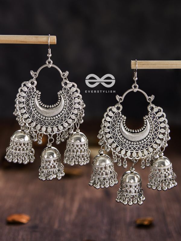 The Motif Moon Triple Jhumkas - Oxidised Boho Earrings