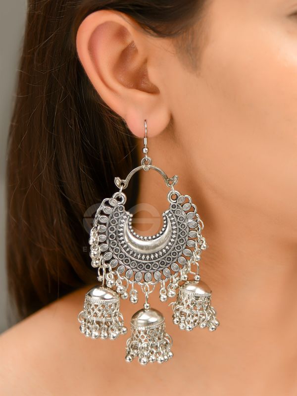 The Motif Moon Triple Jhumkas - Oxidised Boho Earrings