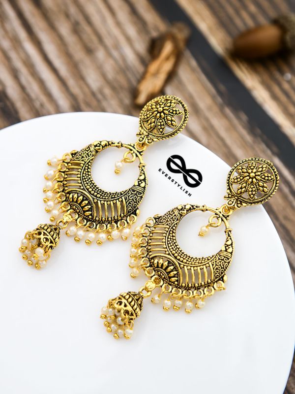 The Golden Intricate Artwork Danglers - The Oxidised Boho Collection