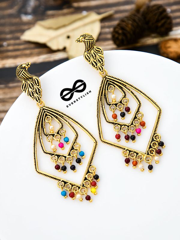The Golden Layered Peacock Danglers - Oxidised Boho Collection