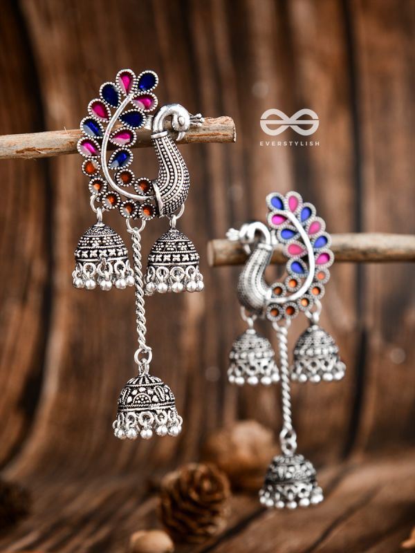The Enamelled Peacocks Triple Jhumki Statement Earrings - Blue-Pink-Brown