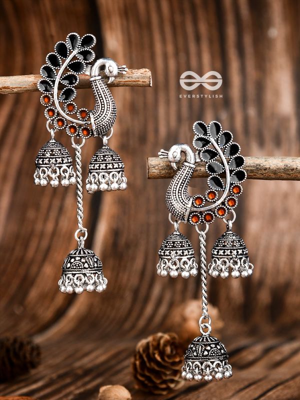 The Enamelled Peacocks Triple Jhumki Statement Earrings - Black-Brown