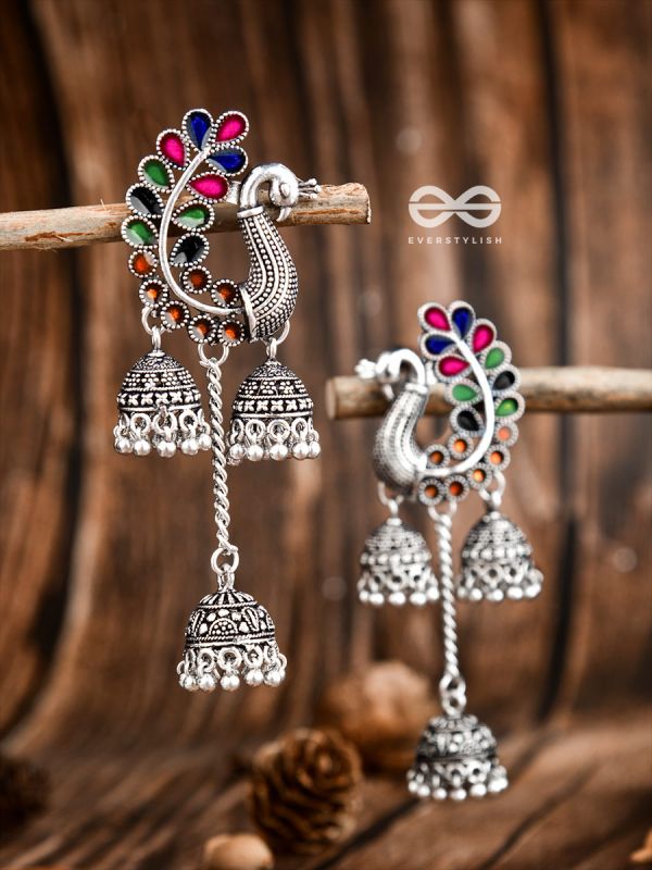 The Enamelled Peacocks Triple Jhumki Statement Earrings - Blue-Pink-Green-Brown