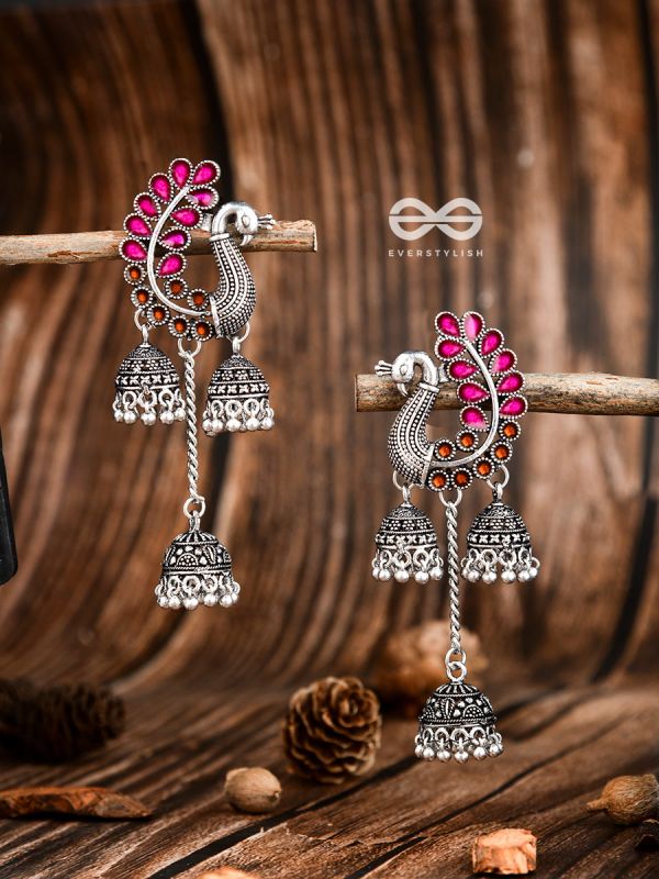 The Enamelled Peacocks Triple Jhumki Statement Earrings - Pink-Brown