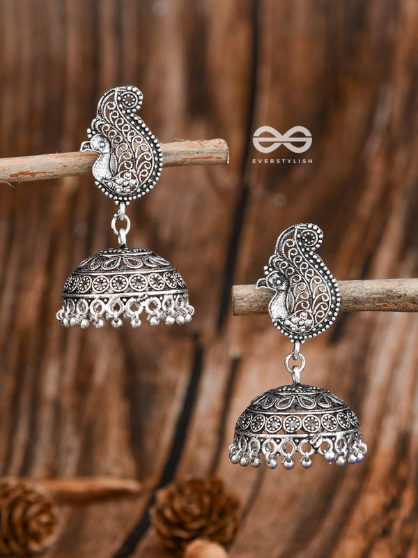 The Intricate Peacock Jhumkis - Oxidised Boho Earrings