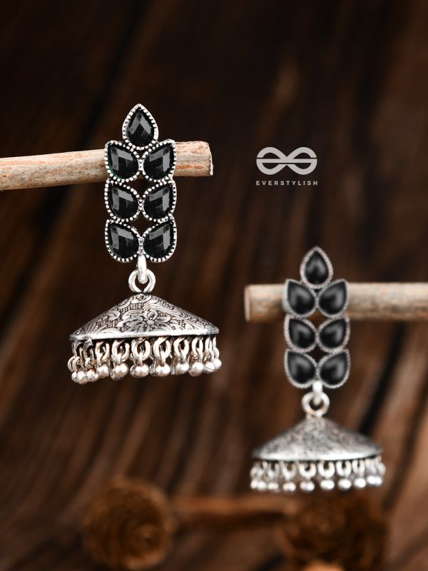 The Olive Branch Intricate Jhumkis - Onyx Black - The Embellished Oxidised Collection
