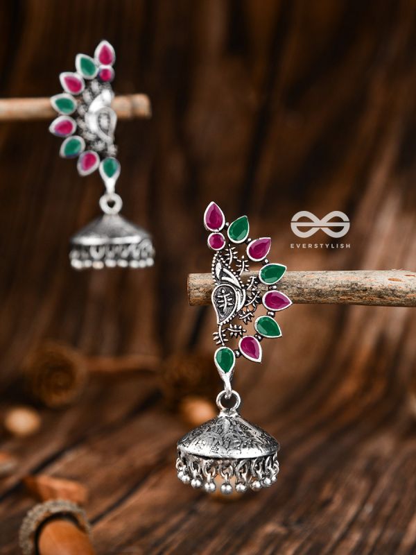 The Bohemian Elegance Floral Jhumkis (Ruby-Emerald) - Oxidised Embellished Collection