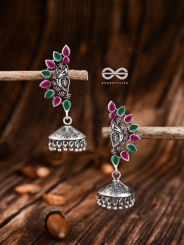 The Bohemian Elegance Floral Jhumkis (Ruby-Emerald) - Oxidised Embellished Collection
