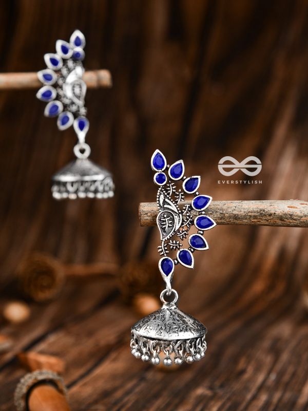 The Bohemian Elegance Floral Jhumkis (Sapphire Blue) - Oxidised Embellished Collection