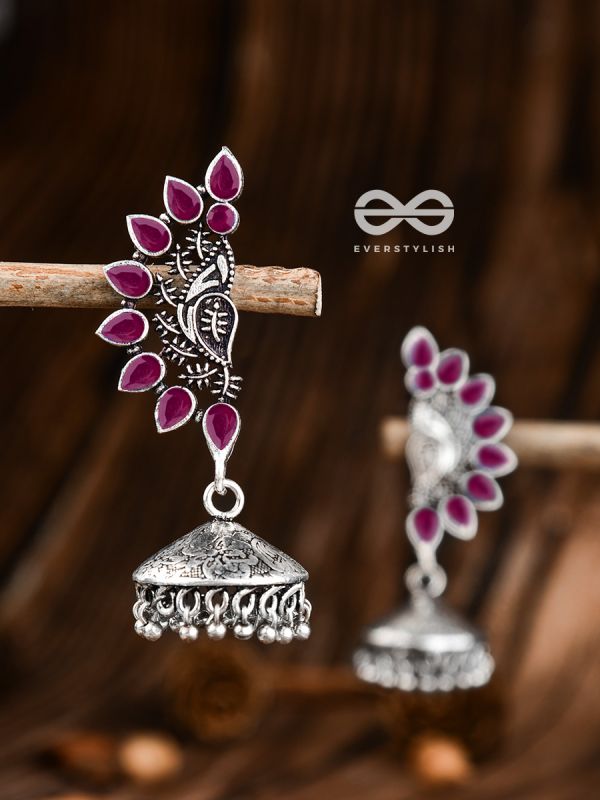 The Bohemian Elegance Floral Jhumkis (Ruby Red) - Oxidised Embellished Collection