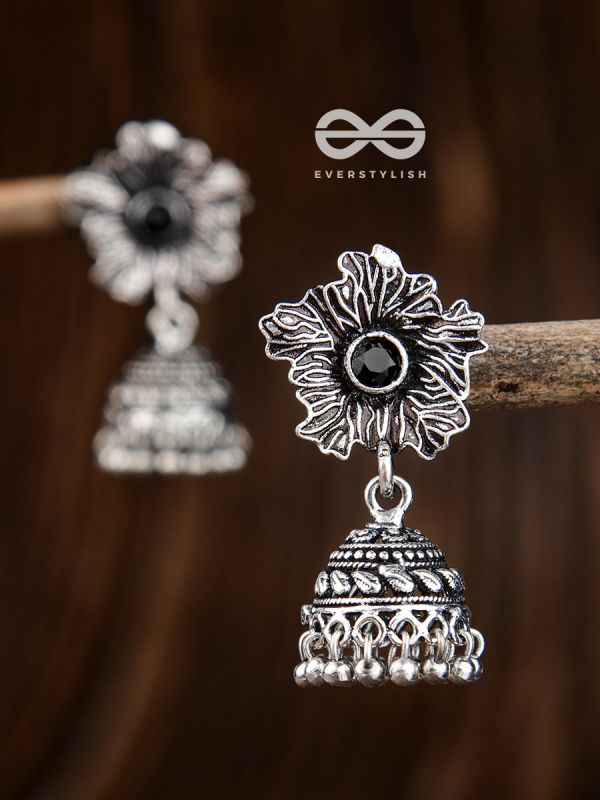 The Artsy Floral Jhumkis (Onyx Black) - Embellished Oxidised Collection