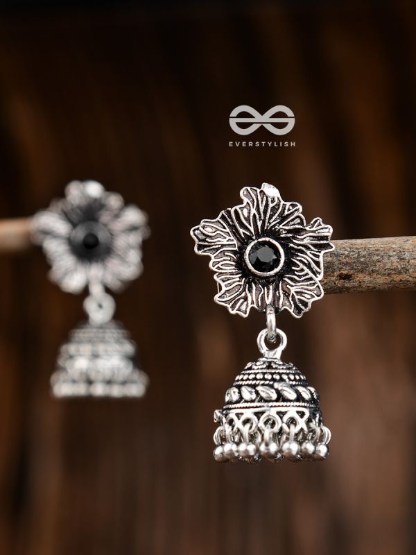The Artsy Floral Jhumkis (Onyx Black) - Embellished Oxidised Collection