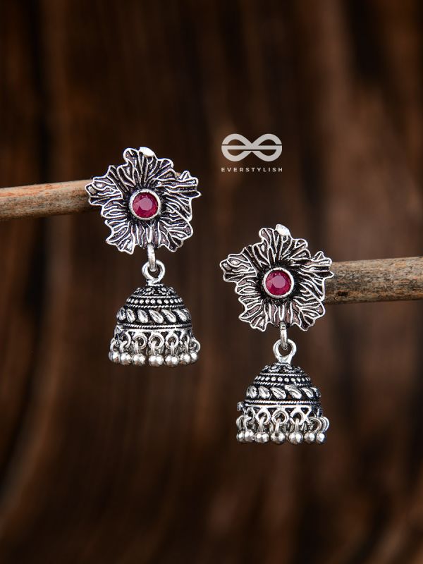 The Artsy Floral Jhumkis (Ruby Red) - Embellished Oxidised Collection
