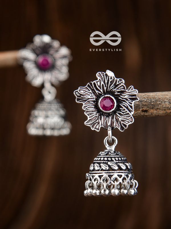 The Artsy Floral Jhumkis (Ruby Red) - Embellished Oxidised Collection