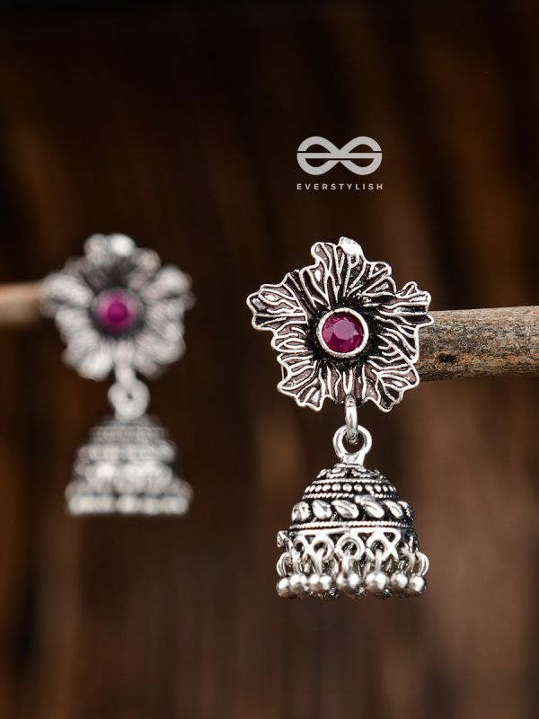 The Artsy Floral Jhumkis (Ruby Red) - Embellished Oxidised Collection