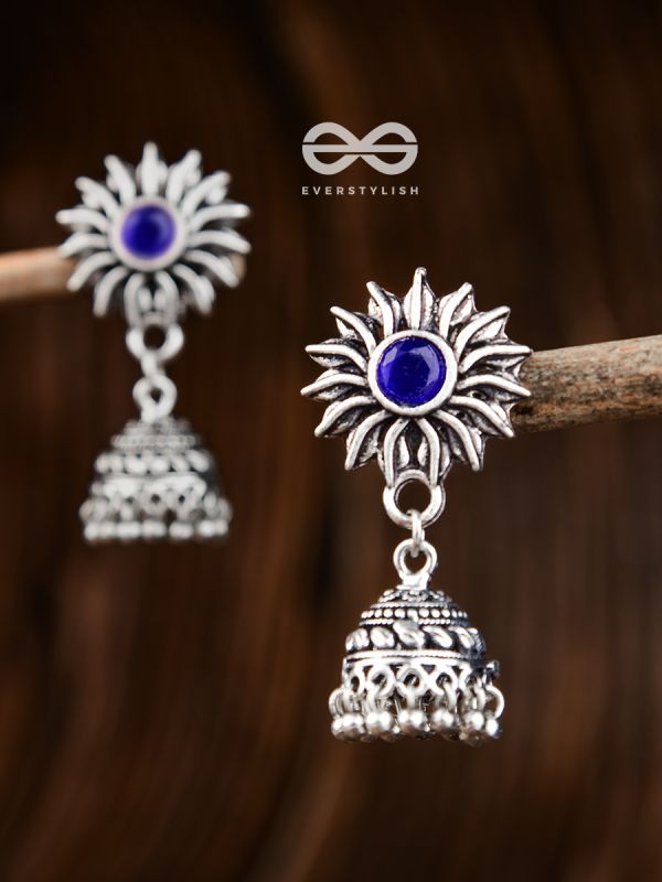 The Artsy Floral Jhumkis (Sapphire Blue) - Embellished Oxidised Collection
