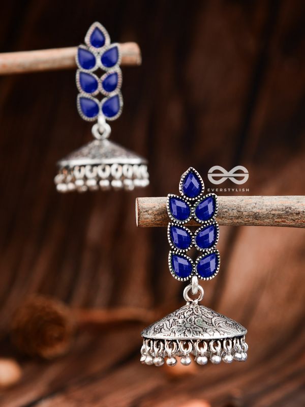 The Olive Branch Intricate Jhumkis - Royal Blue - The Embellished Oxidised Collection
