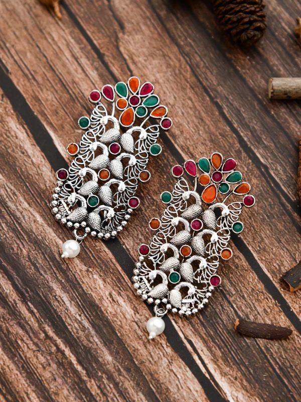 The Pretty Peacock Artwork - Oxidised Boho Earrings - Multicolour