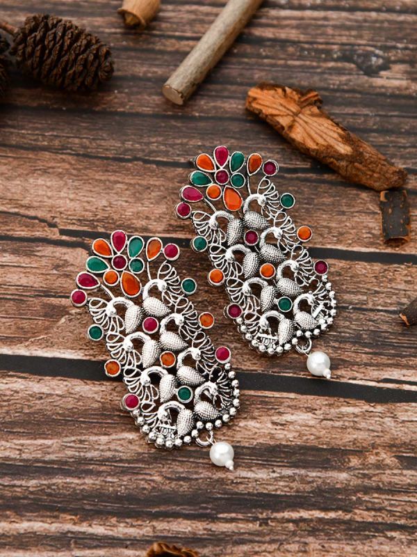 The Pretty Peacock Artwork - Oxidised Boho Earrings - Multicolour