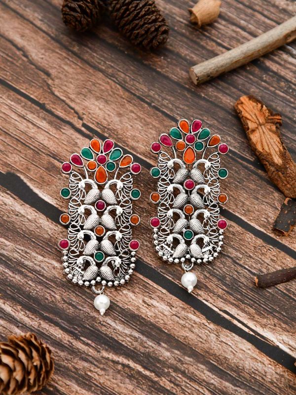 The Pretty Peacock Artwork - Oxidised Boho Earrings - Multicolour
