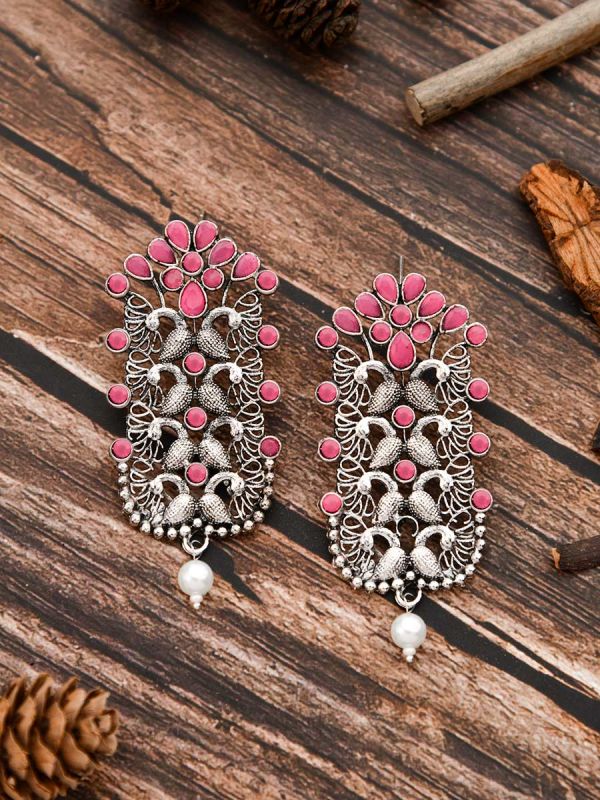 The Pretty Peacock Artwork - Oxidised Boho Earrings - Pink
