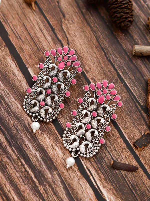 The Pretty Peacock Artwork - Oxidised Boho Earrings - Pink