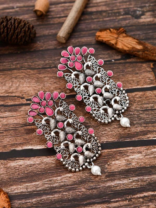 The Pretty Peacock Artwork - Oxidised Boho Earrings - Pink