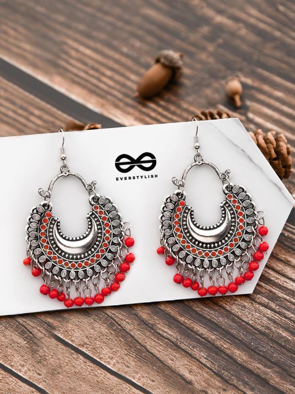 The Motif Moon - Oxidised Chandbali Earrings (Red)