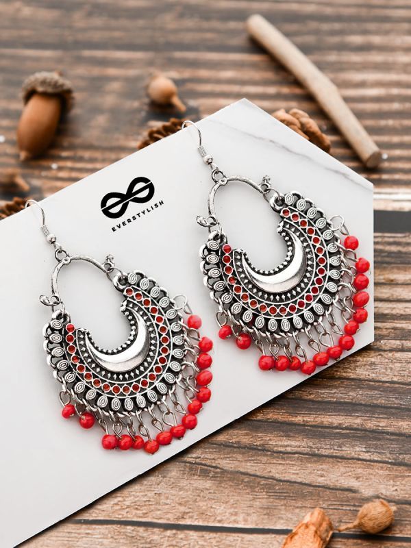The Motif Moon - Oxidised Chandbali Earrings (Red)