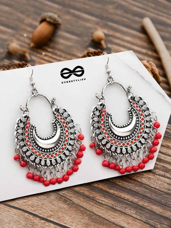 The Motif Moon - Oxidised Chandbali Earrings (Red)