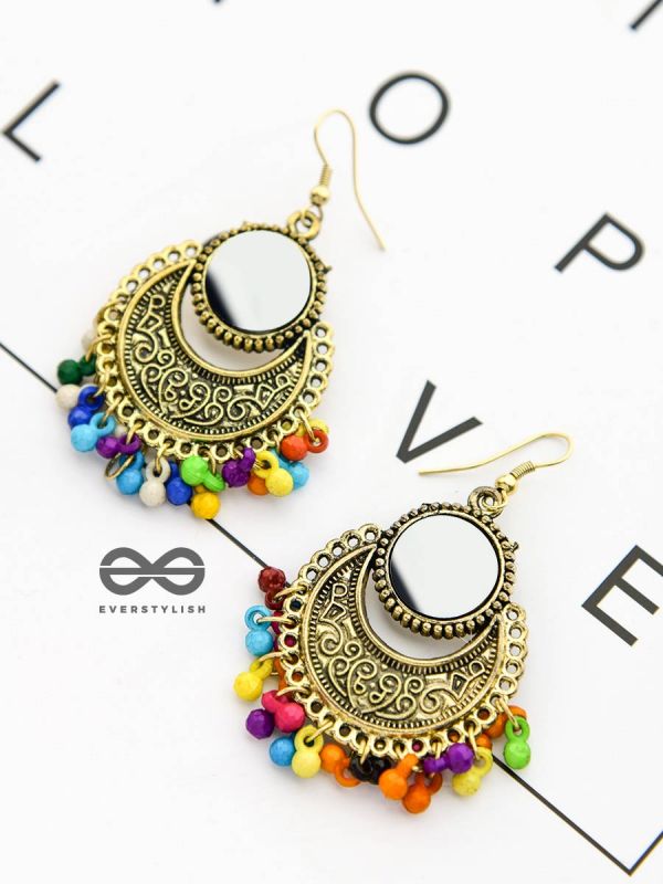 The Mirror Motifs- Oxidised Boho Earrings -Golden Multicolour
