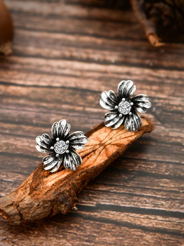 The Oxidised Boho Flower - Tiny Trinket Earrings