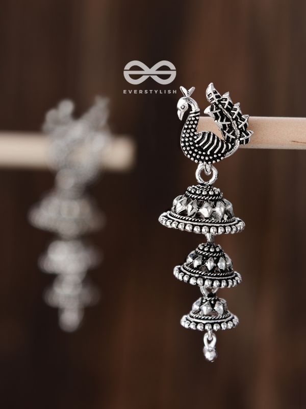 The Multilayered Peacock Jhumki - Oxidised Boho Earrings