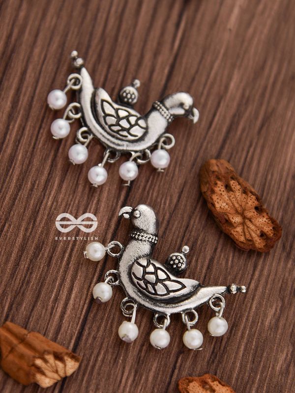The Dangling Pearl Parrots - Oxidised Boho Earrings