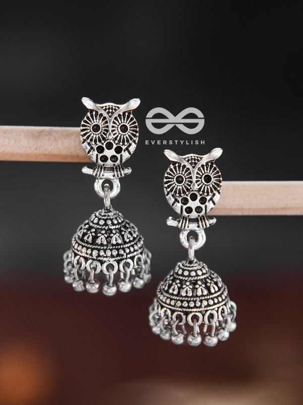 The Little Cute Owl Jhumkis - Oxidised Boho Earrings