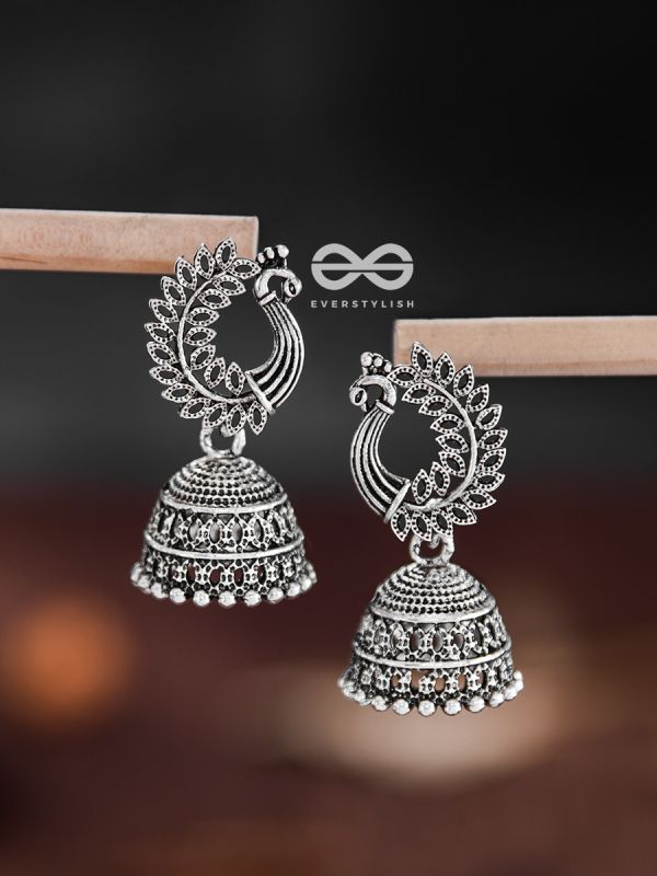 The Intricate Peacock Jhumkis - Oxidised Boho Earrings