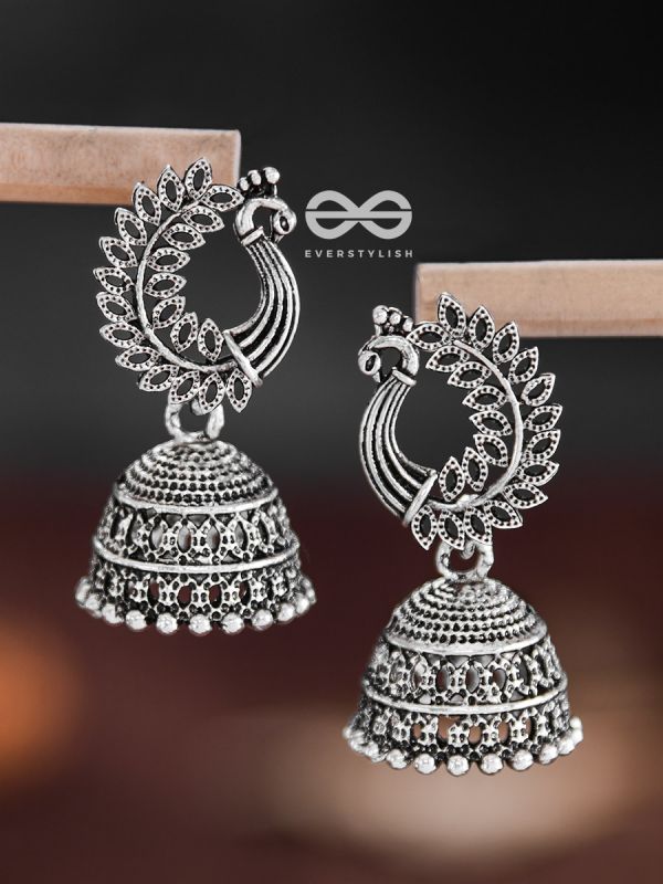 The Intricate Peacock Jhumkis - Oxidised Boho Earrings