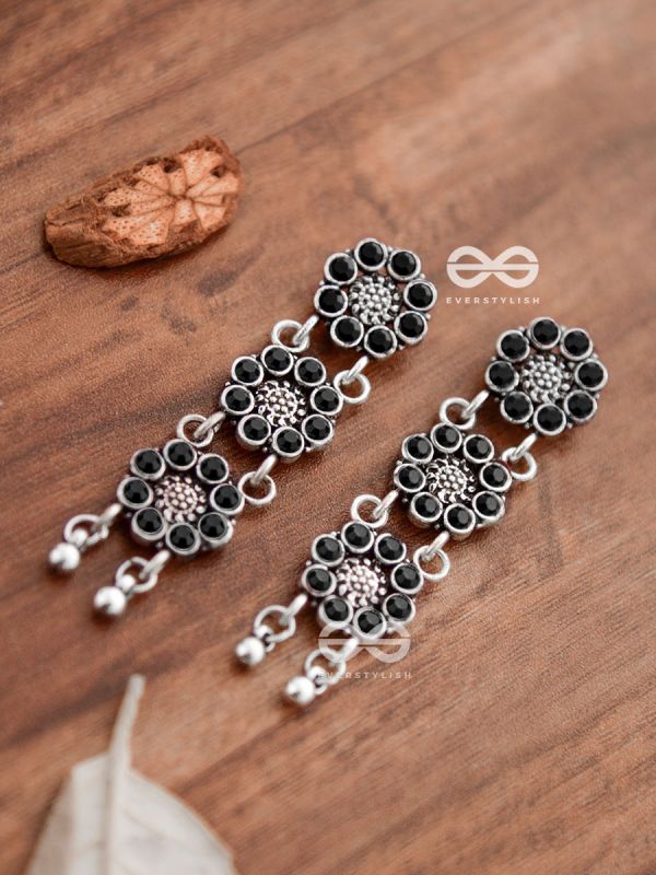 The Triple Layered Intricate Danglers (Onyx Black) - The Embellished Oxidised Collection