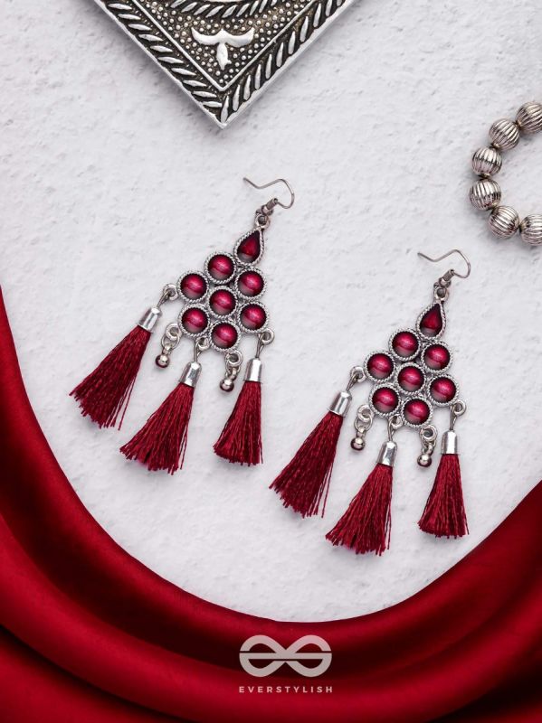 The Enamelled Tassels (Burgundy) - Embellished Oxidised Earrings
