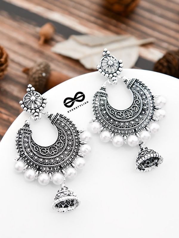 The Intricate Pearl Motifs - Oxidised Boho Earrings