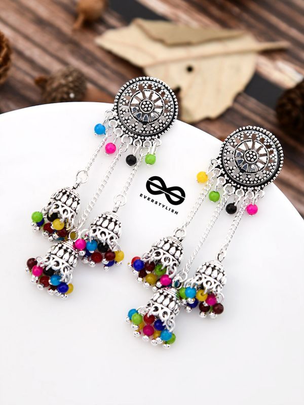 An Intricate Delight - Triple Boho Jhumkis - Multicolour