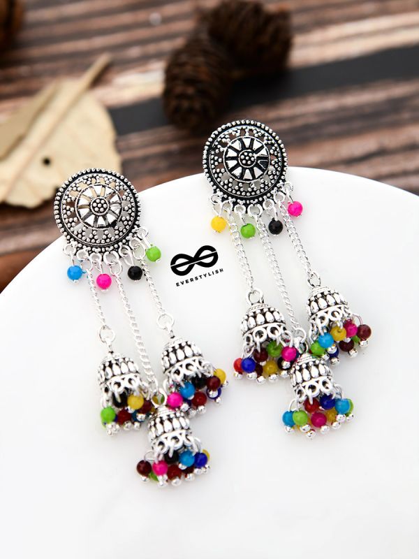 An Intricate Delight - Triple Boho Jhumkis - Multicolour