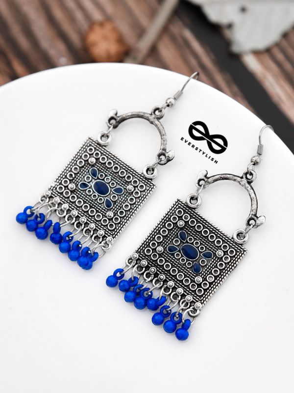 The Embellished Trunk - Oxidised Boho Earrings - Blue
