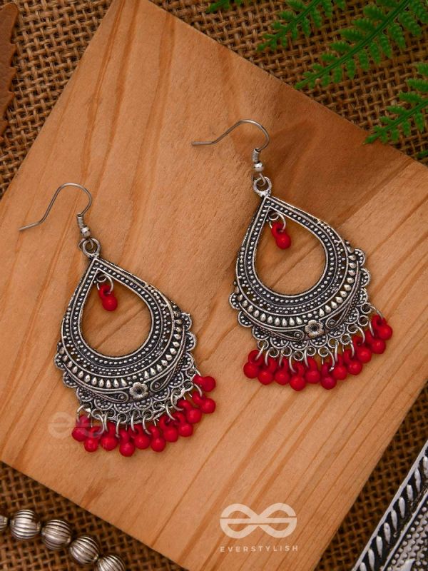 The Intricate Motif Drops - Oxidised Boho Earrings - Red