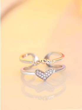 Silverette Love Heart Adjustable CZ Dual Ring