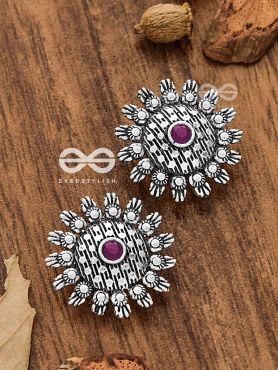 The Bohemian Intricate Sun (Ruby Red) - Embellished Oxidised Studs