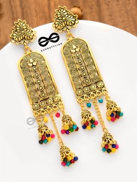 The Triple Jhumki Artistic Delight (Golden) - Oxidised Boho Earrings