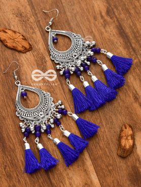 The Vintage Motif Tassels (Royal Blue) - Oxidised Boho Earrings
