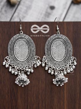 The Motif Mirror Frame Jhumkis - Oxidised Boho Earrings
