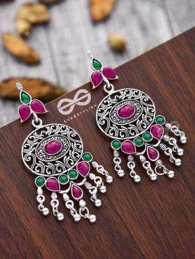 The Playful Elegance - Embellished Oxidised Earrings (Ruby Emerald)